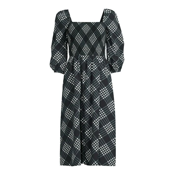 Time and Tru Women's 3/4 Sleeve Smocked Midi Dress - Walmart.com | Walmart (US)