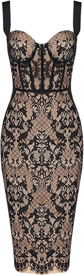 Lace Fishbone Midi Cocktail Party Bandage Dress for Women Back Slit Wedding Guest Dress | Amazon (US)