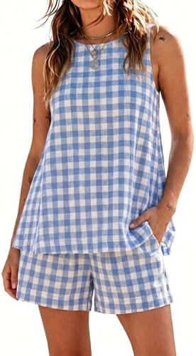 Gozoloma Women's Oversized Gingham 2 Piece Set Crewneck Sleeveless A-Line Top and Relaxed Shorts ... | Amazon (US)