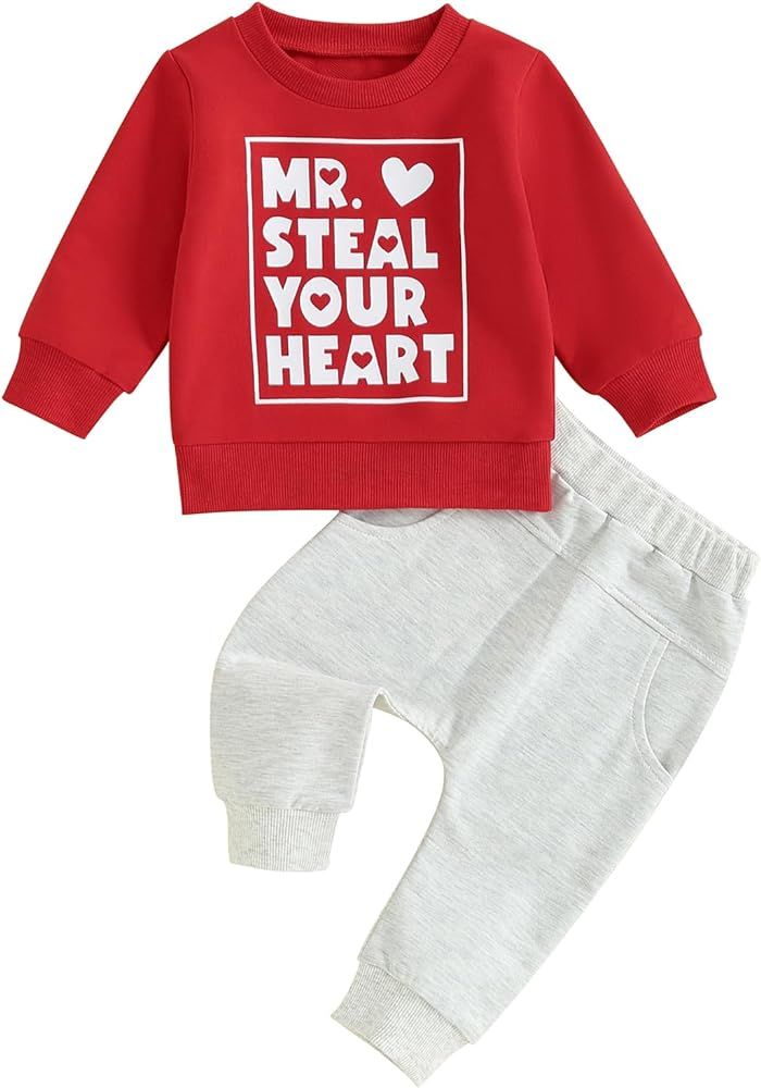 Toddler Boy Valentine's Day Outfit Mr Steal Your Heart Letter Pint Short Sleeve T-Shirt Solid Col... | Amazon (US)