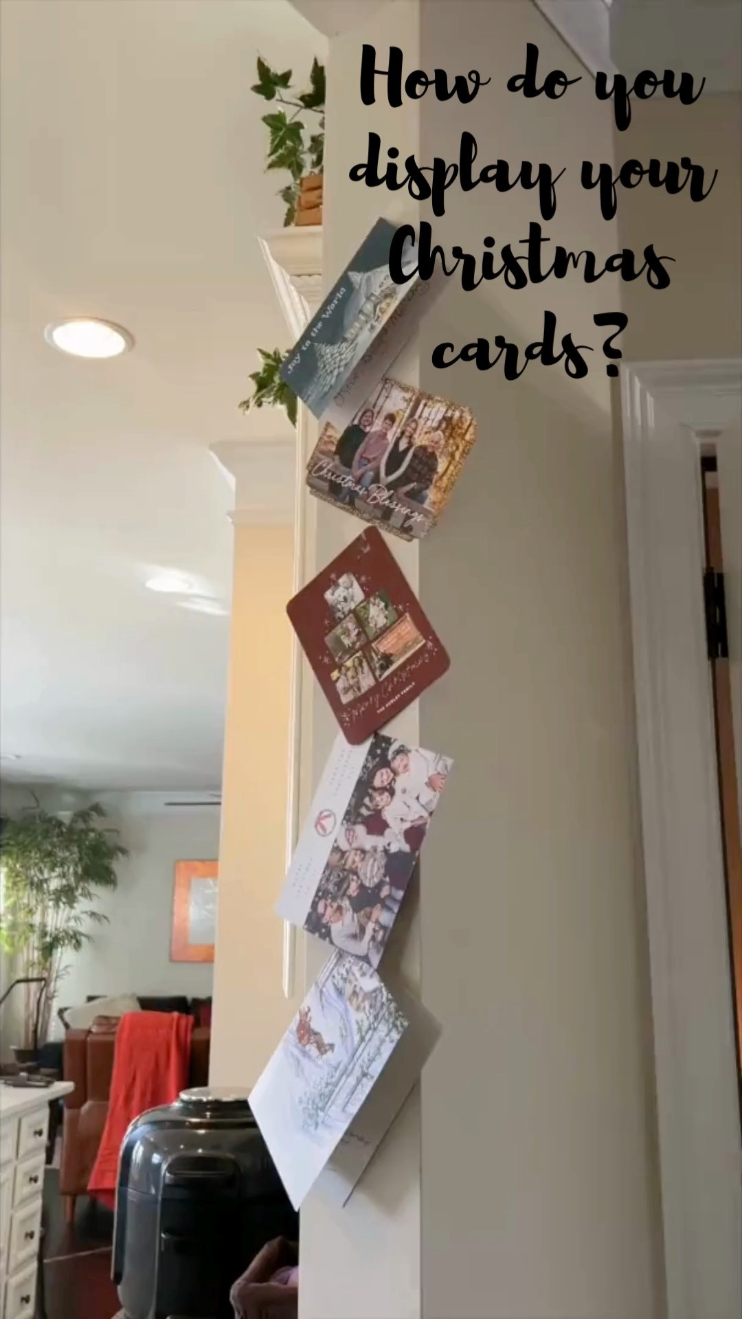 I've seen so many cute ideas on displaying Christmas 🎄cards, but for years, I've simply taped them to the doorway leading into the kitchen.  They remain there until the season is over.

How do you like to display your cards?

I've found some great storage solutions for all that Christmas decor once the season is over here on my LTK 

 #LTKHoliday #LTKHome #LTKFindsUnder50