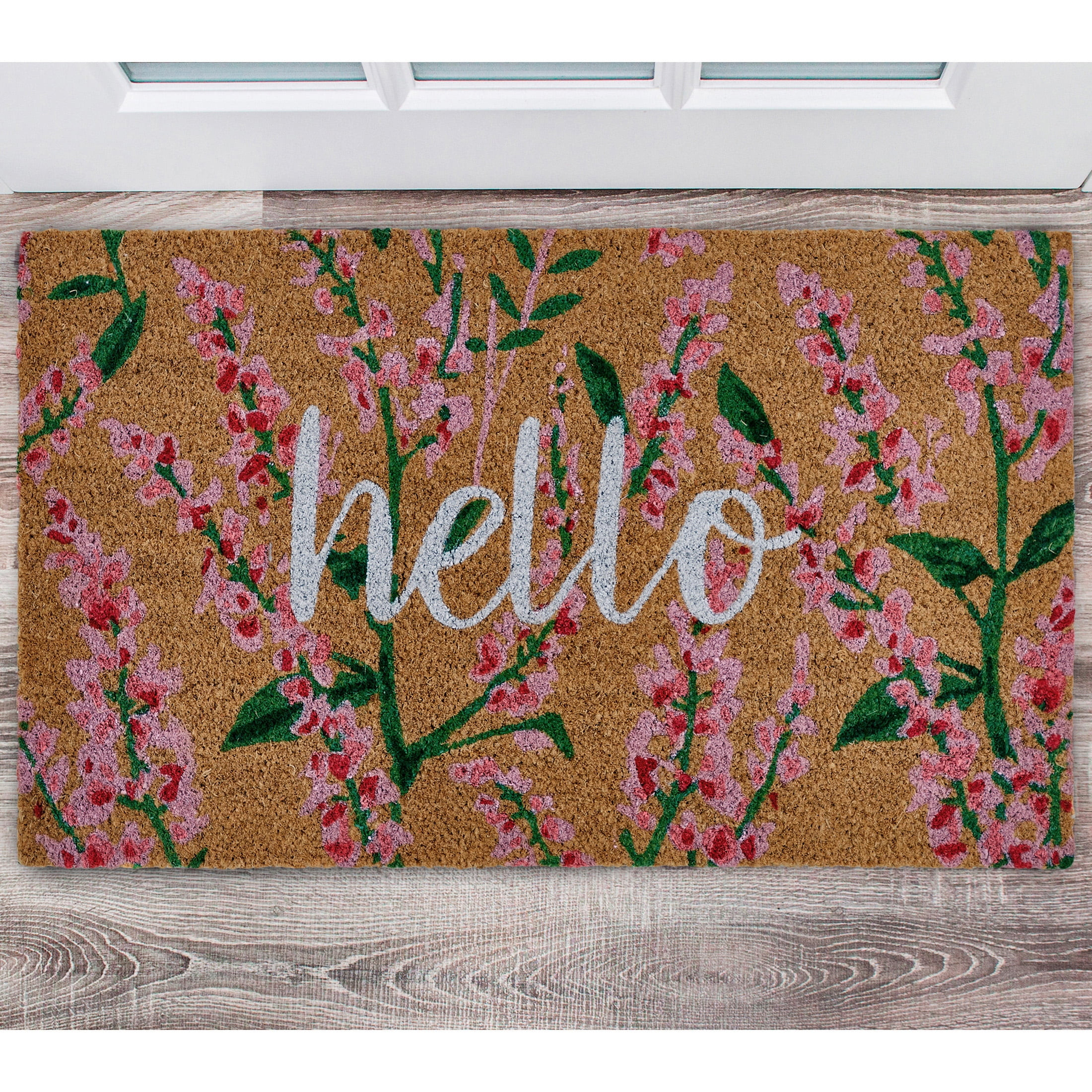 Home Décor Collection Hello Floral Natural/Pink Coir Outdoor Welcome Doormat, 18" x 30" | Walmart (US)