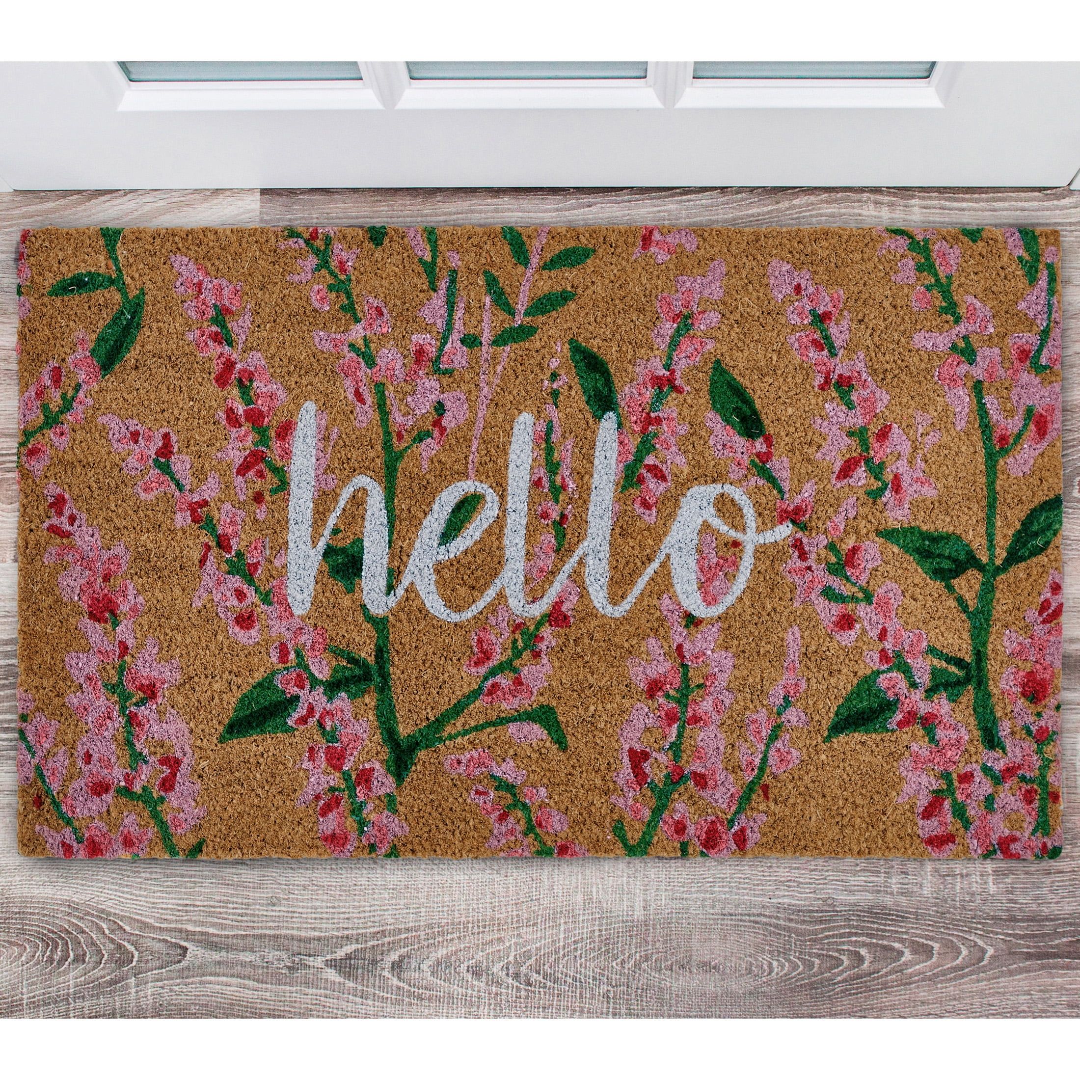 Home Décor Collection Hello Floral Natural/Pink Coir Outdoor Welcome Doormat, 18" x 30" | Walmart (US)