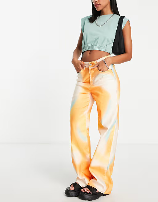 Neon & Nylon high waist wide leg jeans in orange marble print | ASOS (Global)