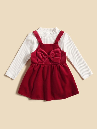 Baby 1pc Rib-knit Tee And 1pc Bow Front Velvet Overall Dress | SHEIN