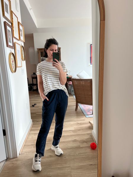 Tee - size xs
Pants - xs im 5’1” petite 

Striped shirts, striped tee, navy pants, light weight pants, errands outfit, on sneakers, marine layer, casual, petite, over 30, cropped pants, travel outfit 

#LTKtravel #LTKfindsunder100 #LTKfindsunder50