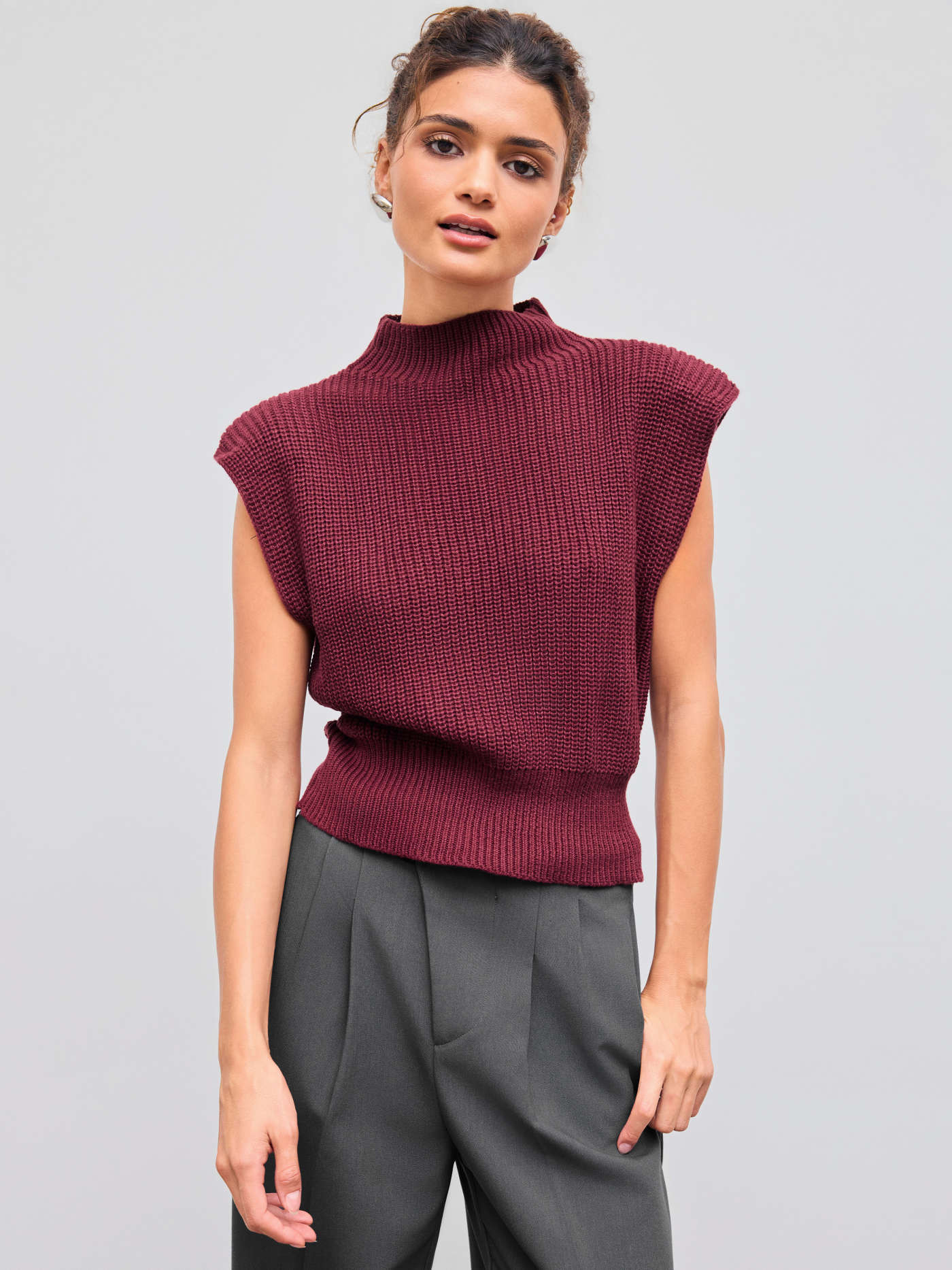 Basic & Thermal Preppy Solid High Neck Knit Vest | Cider