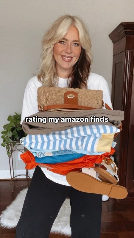 rating my Amazon finds 
Striped long sleeve sized up to an XL 
Jumpsuit size medium 
Blue dress size medium
Embroidered vest size medium 
Flower dress sized up to a large 
Turquoise jumpsuit size medium 
Orange dress size medium 
Woven bag, summer crossbody, straw bag, Amazon spring outfits, spring outfit, Easter dress, sandals 

#LTKstyletip #LTKover40 #LTKSeasonal