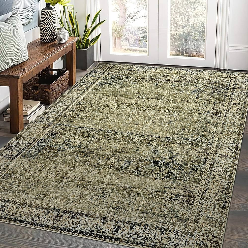 Olive Green Boho Area Rug 5 x7 for Living Room Washable Faux Wool Low Pile Stain Resistant Rubber... | Amazon (US)