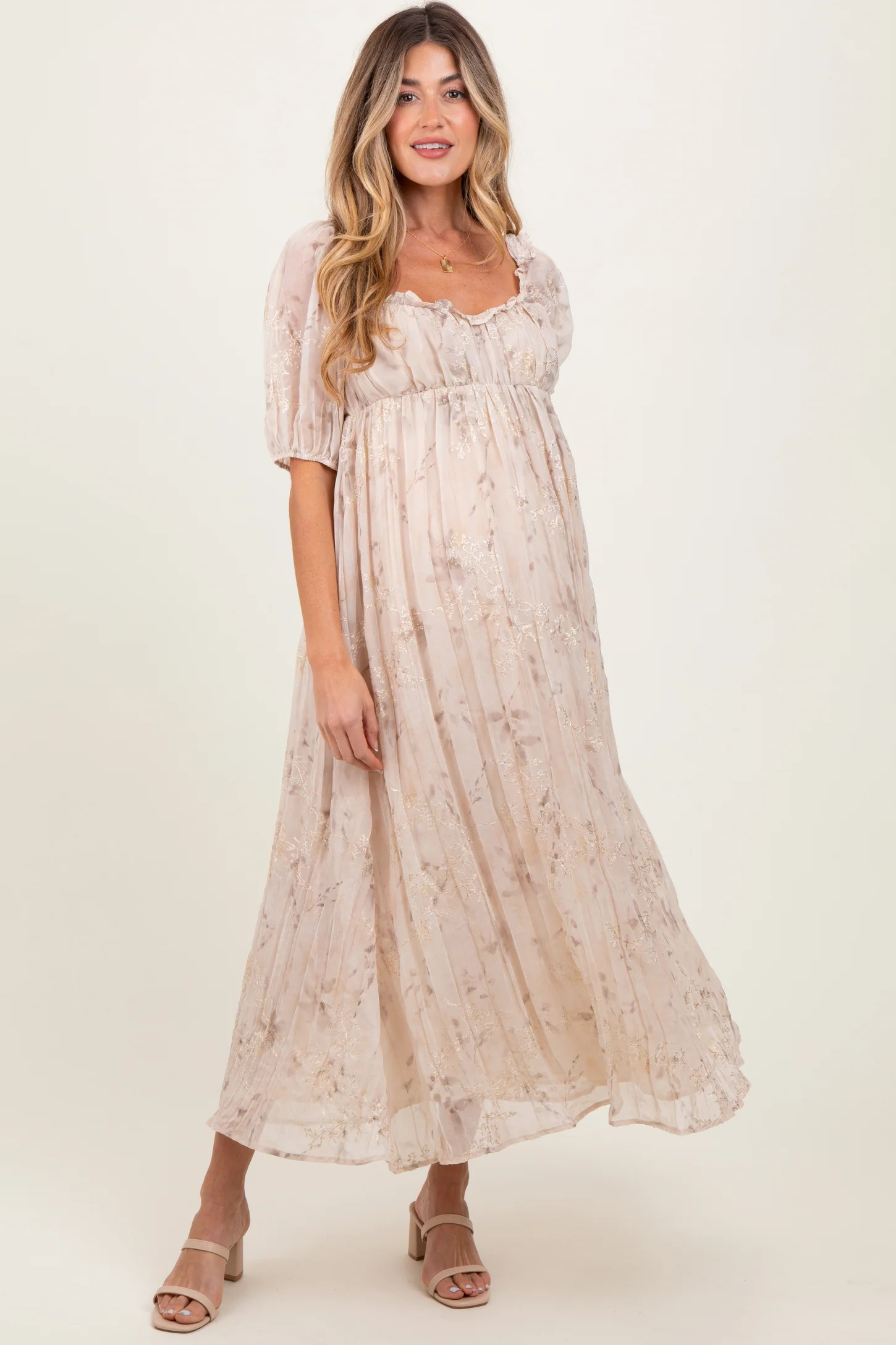 Cream Floral Chiffon Embroidered Ruffle Trim Maternity Maxi Dress | PinkBlush Maternity