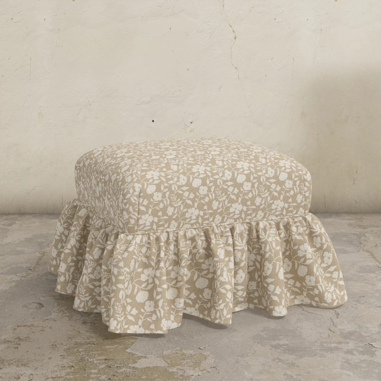 Edith Ruffle Ottoman - Ibeza Botanical Taupe | THELIFESTYLEDCO