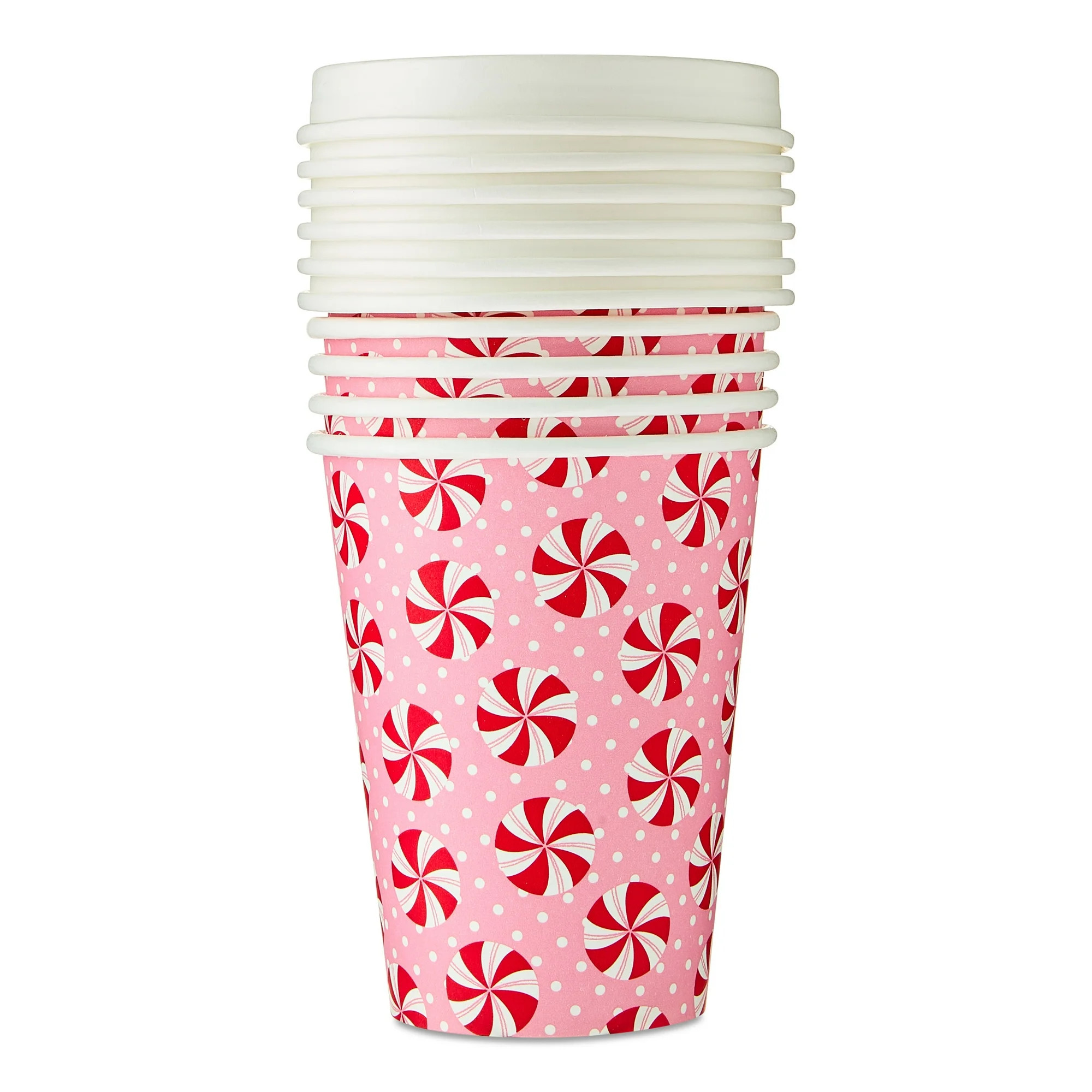 Christmas Candy Disposable Paper Hot Cups with Lids, Pink, 14 fl oz, 6 Count, by Holiday Time | Walmart (US)
