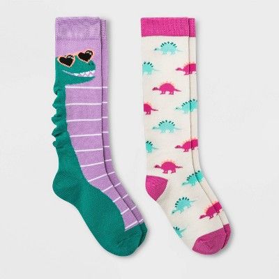 Girls' 2pk Knee High Dino Socks - Cat & Jack™ Purple/White | Target