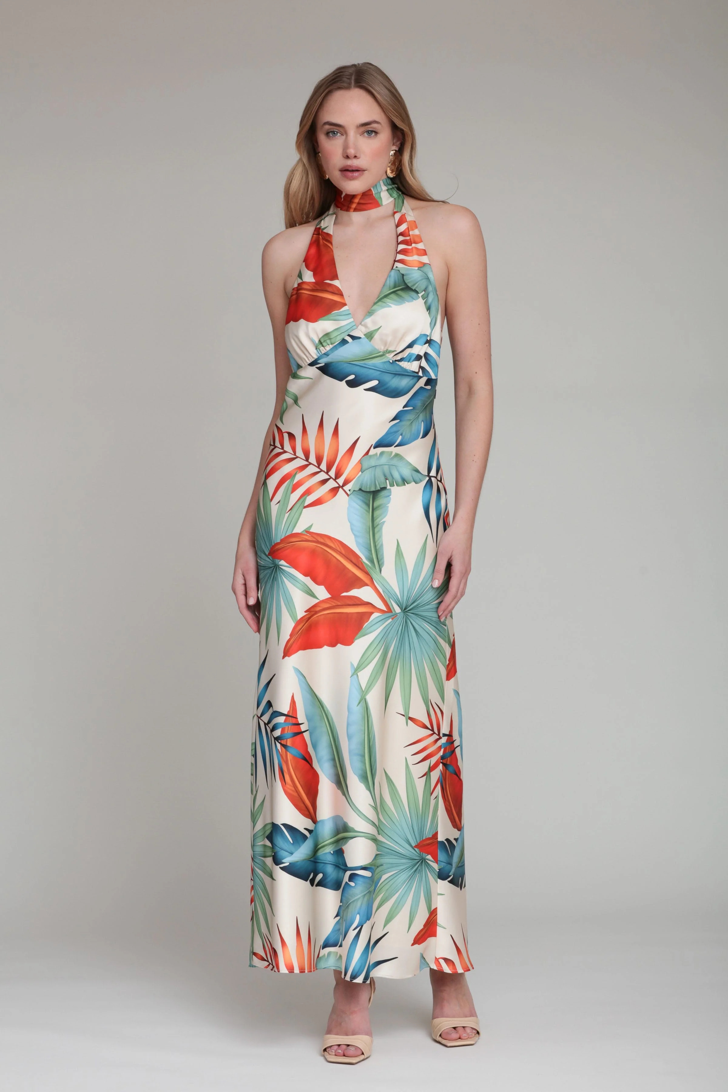 Tropical Satin Scarf Tie Maxi Dress | Avec Les Filles