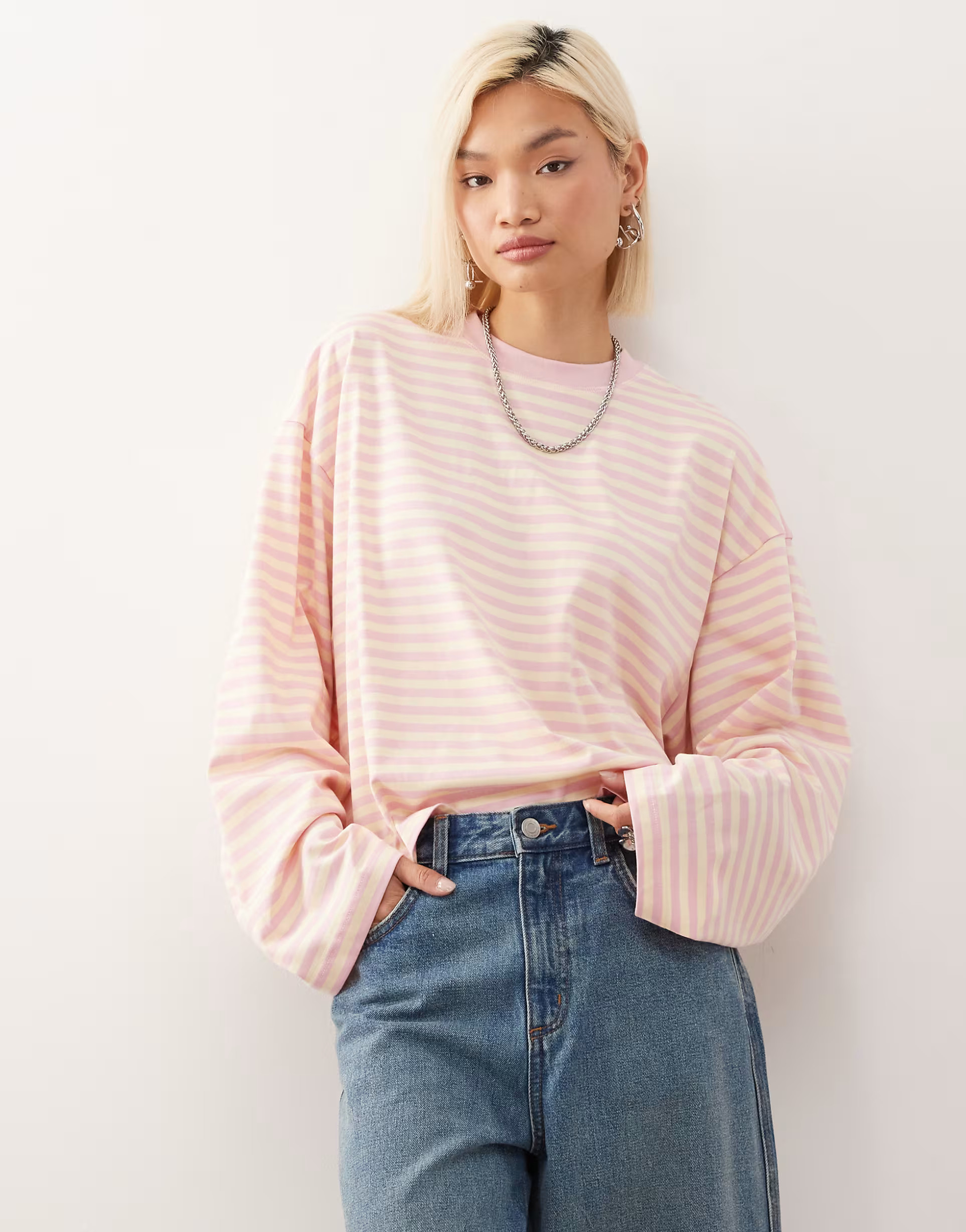 Lioness Bloom cotton long sleeve crew neck boxy t-shirt in lemon & pink stripe | ASOS (Global)