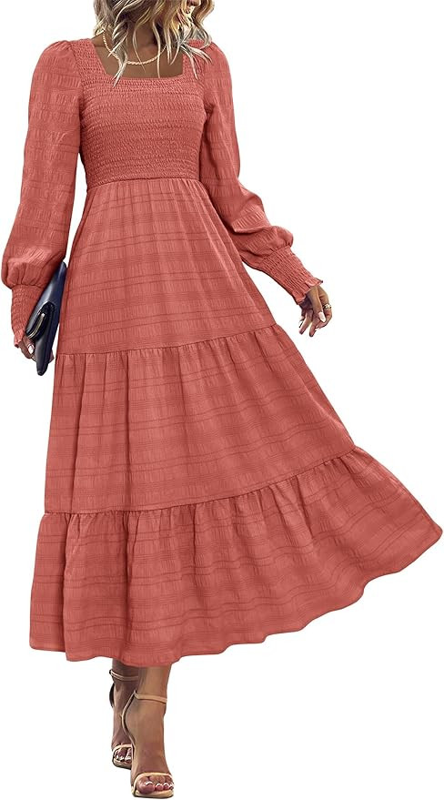 KIRUNDO Women Fall Wedding Guest Dress Elegant Puff Long Sleeve Smocked Empire Waist Swing Flowy ... | Amazon (US)