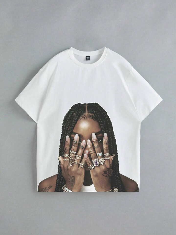 Slaydiva Casual Simple Hip-Hop Fingerprint & Portrait Print Loose Round Neck Short Sleeve T-Shirt... | SHEIN