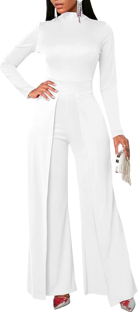 Women's Wide Leg Jumpsuits Outfits Casual One Piece Long Sleeve Overlay Pants Rompers | Amazon (US)
