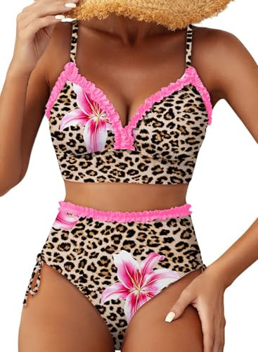 Herseas Womens Splice Ruffle Trim Sexy Bikini Sets V Neck Top Lace Up Side Two Piece Swim Suits High Waisted Slimming Supportive Bathing Suit Casual Beach Vacation Outfits Leopard Lily Medium | Amazon (US)