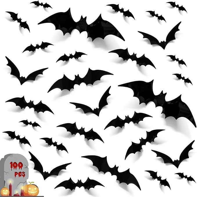 Bats Halloween Decorations, 100Pcs 3D Bats Wall Decor, 6 Sizes PVC Bat Stickers Halloween Party S... | Amazon (US)