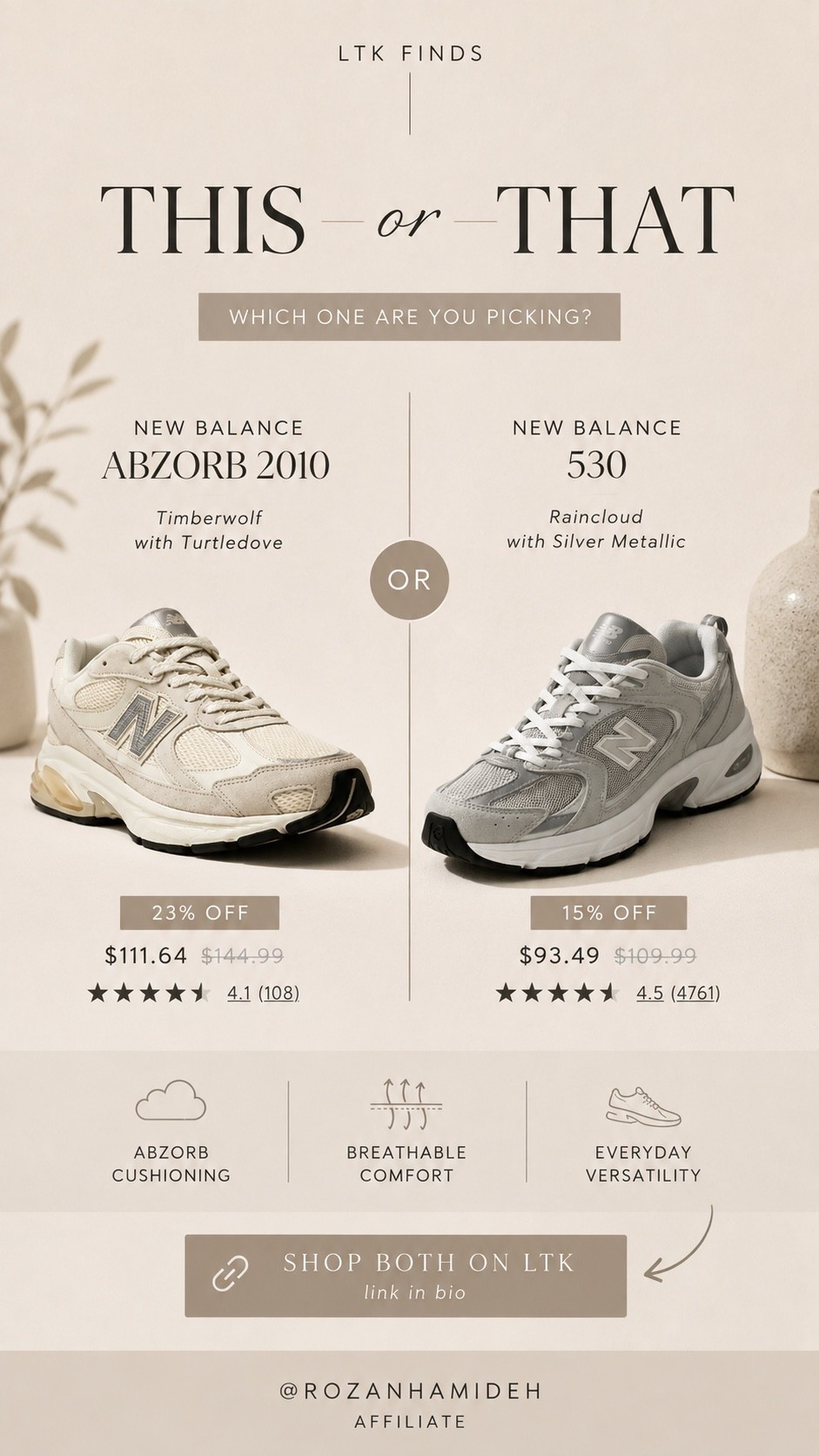 This or that? 👟🤍 I can’t decide between these two New Balance finds.

The ABZORB 2010 has that elevated neutral look I’m loving, while the 530 is such an easy everyday classic. And bonus… both are on sale right now. 👀

Which one are you picking — THIS or THAT?

#LTKActive #LTKSaleAlert #LTKWorkwear