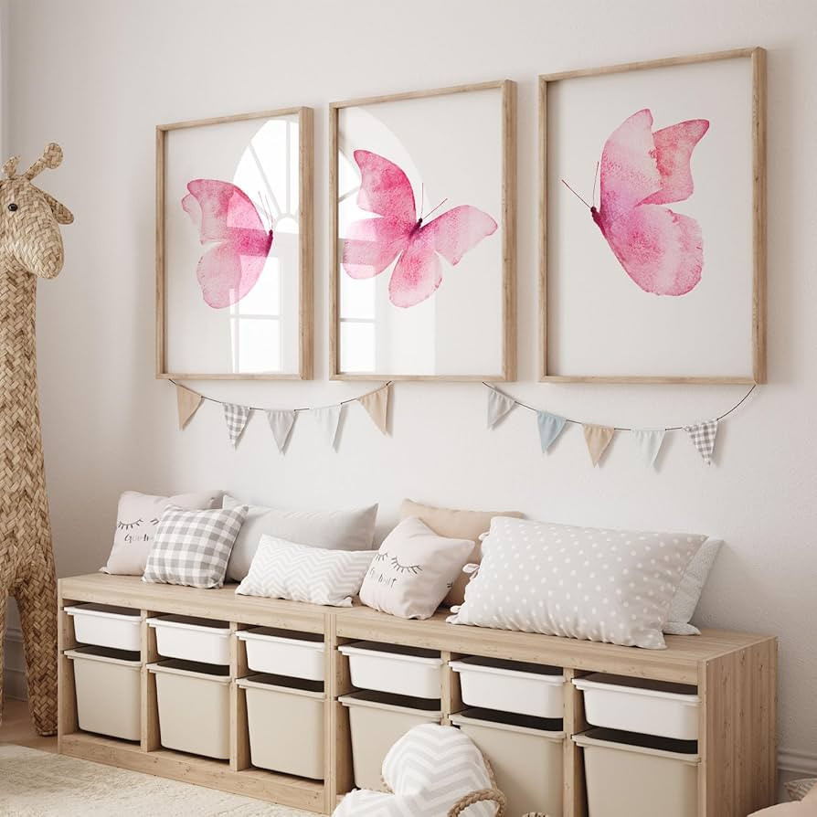 Pink Butterfly Canvas Wall Art - Colorful Butterfly Prints for Girls Room & Living Room Decor - 1... | Amazon (US)