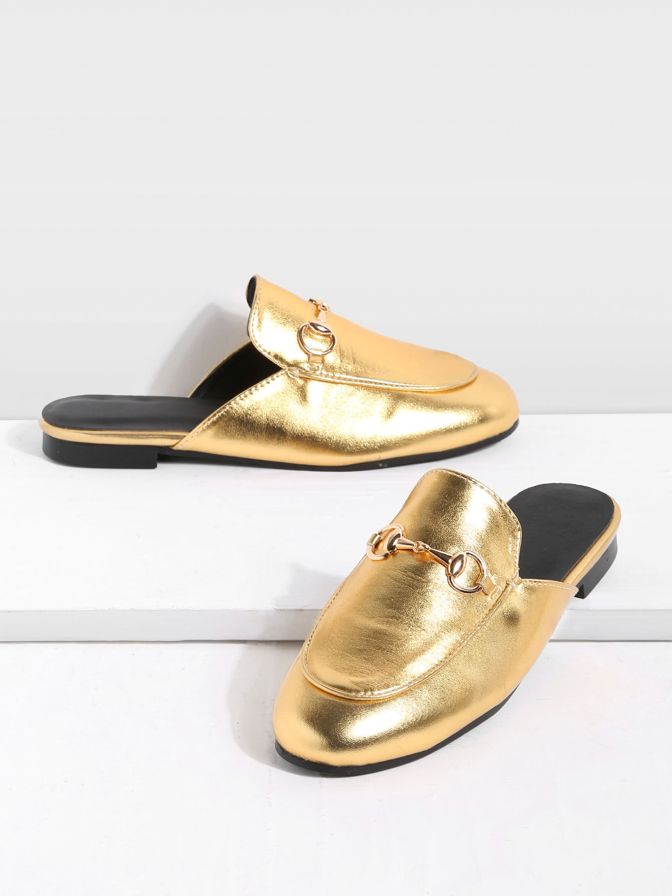 Gold Faux Leather Flat Loafer Slippers | SHEIN