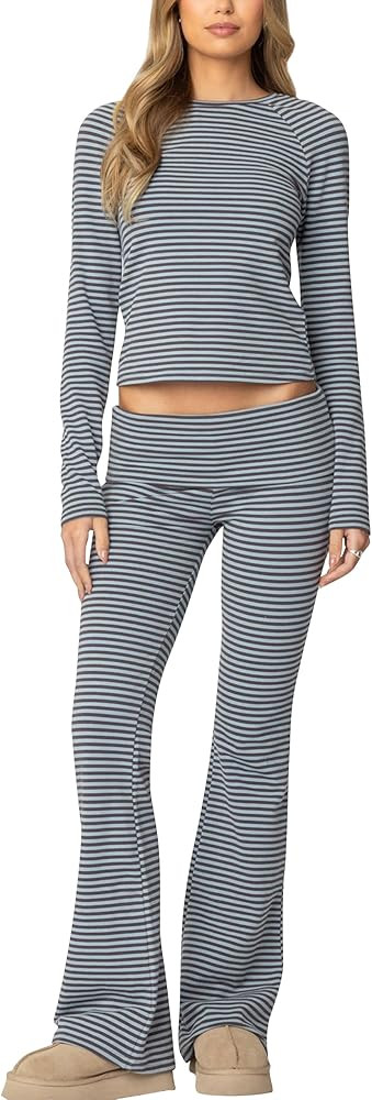 Two Piece Outfits for Women Striped Long Sleeve Lounge Set 2025 Trendy Pants Matching Sets Beach ... | Amazon (US)