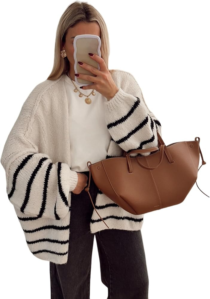 Bankeng Women's Oversized Striped Cardigan Sweaters Fall Long Lantern Sleeve Knit Open Front Ligh... | Amazon (US)
