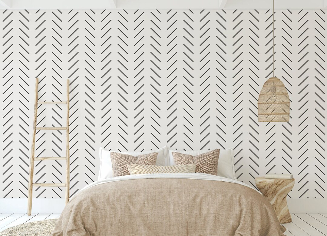 Scandi Chevron Wallpaper. Herringbone White Black Oversized Removable Peel and Stick Wallpaper. M... | Etsy (US)
