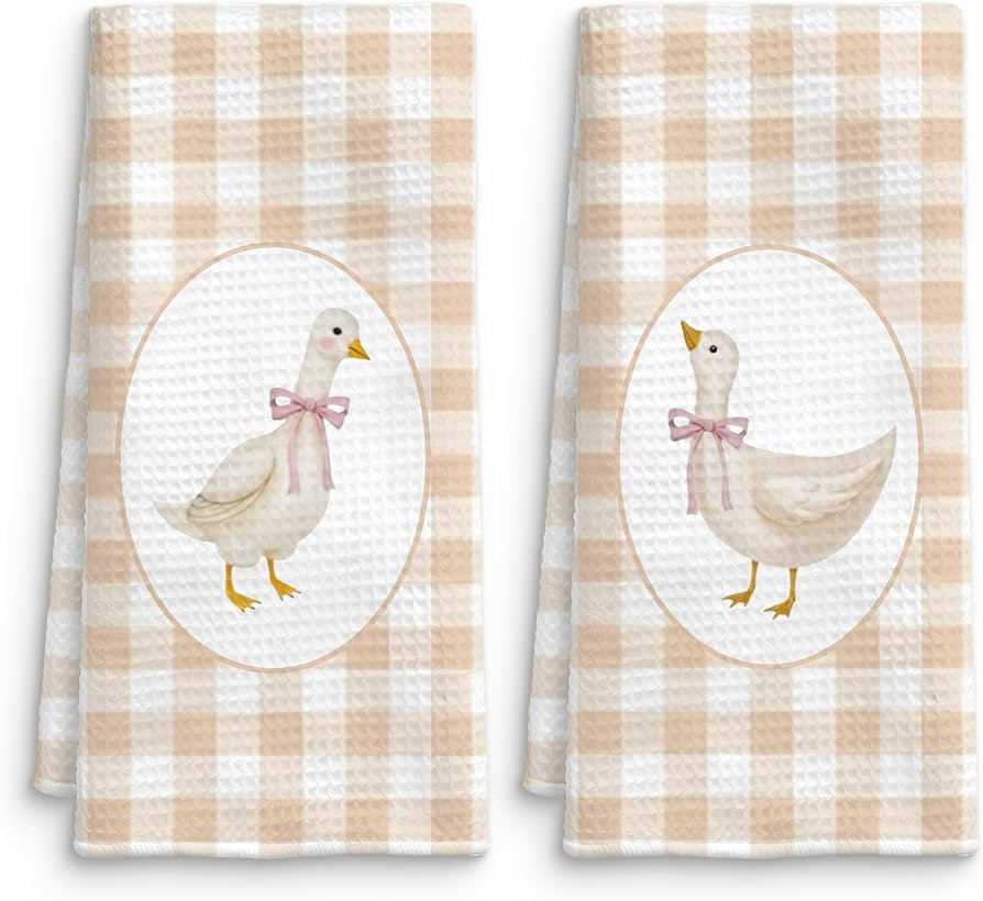 Farmhouse Goose Kitchen Towels Set of 2, Goose Decor Beige Gingham Checkered Dish Tea Towels, Coq... | Amazon (US)