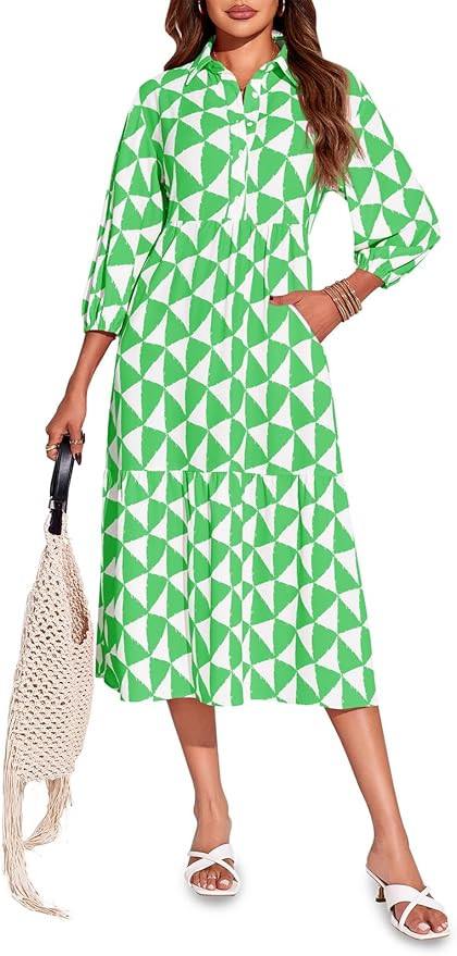 Wenrine Womens Boho Midi Dress Long Sleeve Casual Color Block Beach Button Down Shirt Dress | Amazon (US)