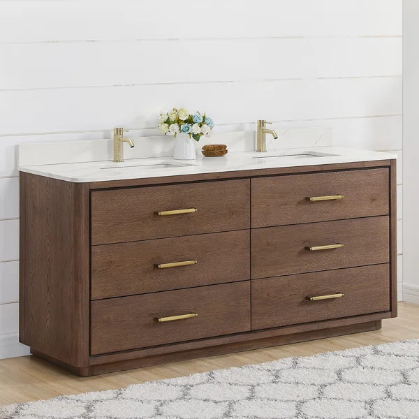 Porto 72'' Free Standing Double Bathroom Vanity with Calacatta Quartz Top | Wayfair North America