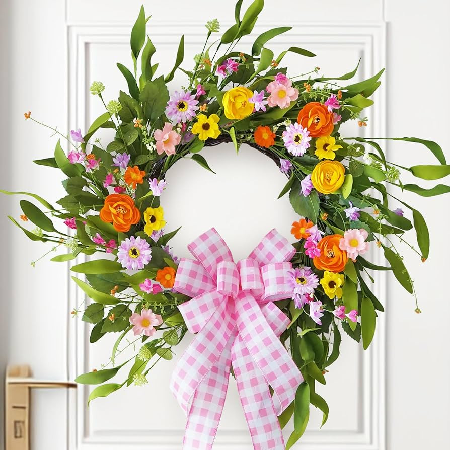 Spring Summer Wreaths for Front Door Outside-22 Inch Handmade Artificial Silk Flower Wreath Green... | Amazon (US)