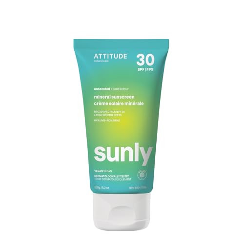 ATTITUDE Mineral Sunscreen with Zinc Oxide, SPF 30, EWG Verified, Broad Spectrum UVA/UVB Protection, Dermatologically Tested, Vegan, Unscented, 5.2 Ounces | Amazon (US)