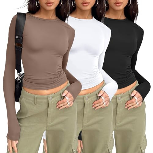 AUTOMET 3-Pack Women's Long Sleeve Crop Tops - Basic Fitted T-Shirts Set Black White Coffee Gray XS | Amazon (US)