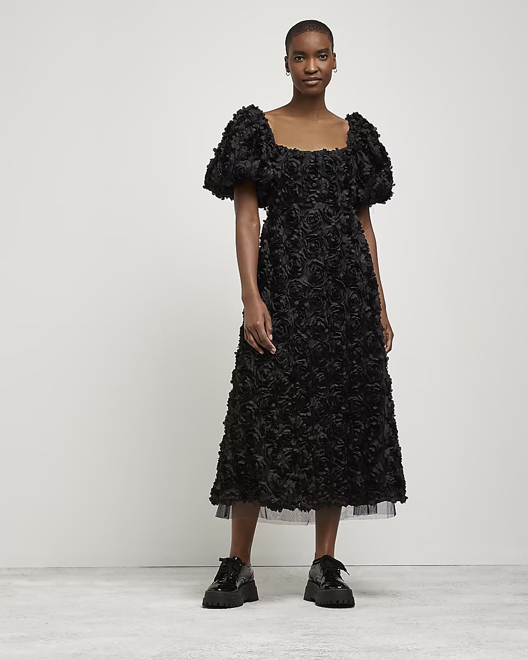 Black 3D floral midi dress | River Island (UK & IE)