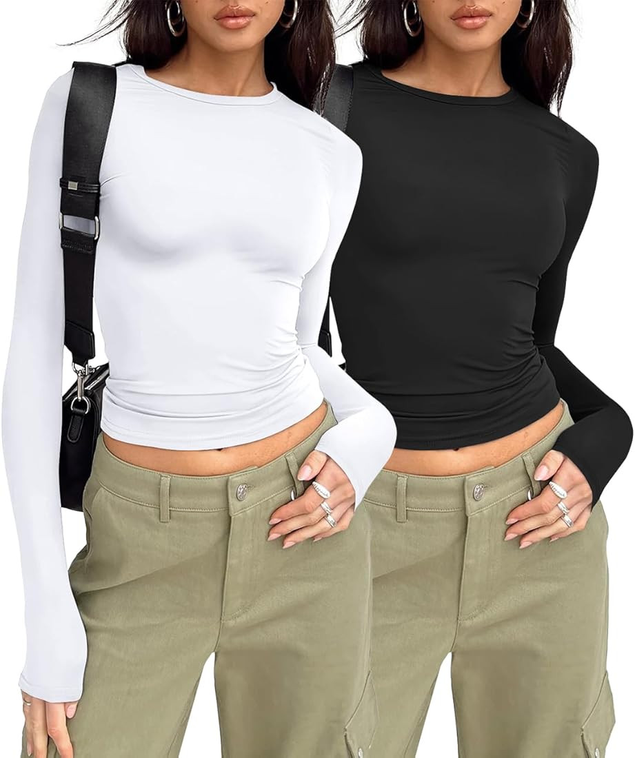 AUTOMET Womens Long Sleeve Shirt Basic Crop Tops Fall Fashion Underscrubs Layer Slim Fit Winter C... | Amazon (US)
