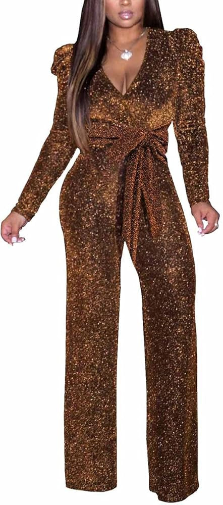 Women's Sexy Sparkly Jumpsuits Plus Size Elegant Clubwear Long Sleeve Wide Leg Pants Rompers with Be | Amazon (US)