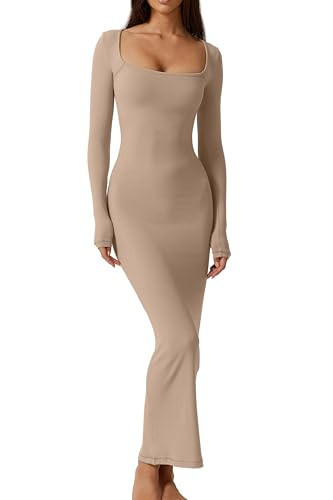 QINSEN Women's Long Maxi Dress Square Neck Long Sleeve Ribbed Bodycon Lounge Dresses Light Taupe M | Amazon (US)