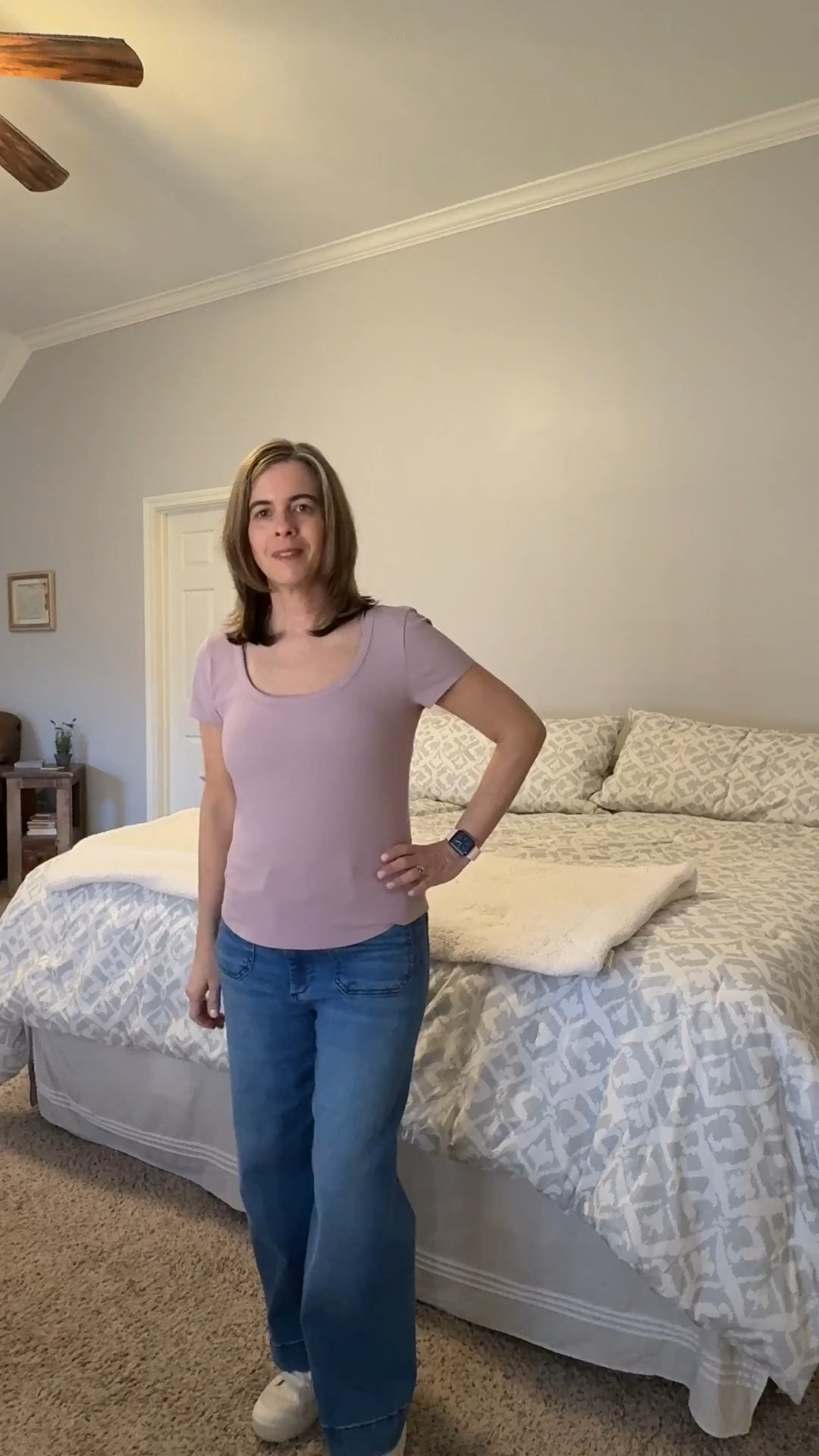 Casual Friday Night Dinner outfit-OOTD!🤍 Scoop neck short sleeve top, wide leg jeans, comfortable sneakers, & gold Kendra Scott huggie earrings. 

#LTKPetite #LTKootd #LTKOver40