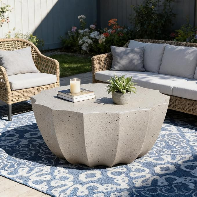 35.43" Round Stone Coffee Table, Concrete Outdoor Table, MgO Cement Coffee Table Stone Design, Wa... | Amazon (US)