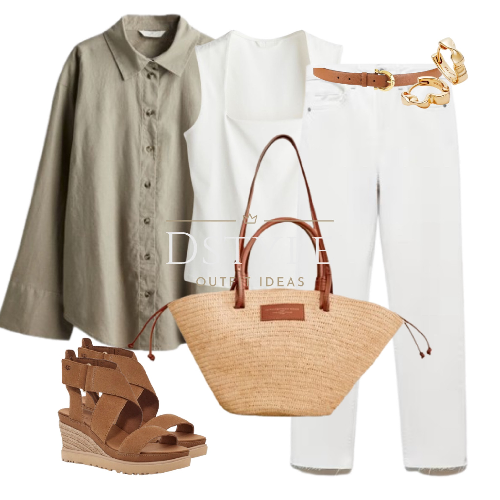 Linen blend shirt, white jersey top, white jeans, brown espadrille wedge sandals, raffia bag, tan leather belt. Ootd, summer outfit, spring fashion, chic and stylish look

#LTKitbag #LTKstyletip #LTKshoecrush
