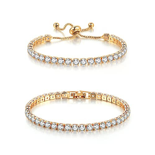 CiNily 2 Pack 14k Gold Plated Cubic Zirconia Tennis Bracelets for Women | Amazon (US)