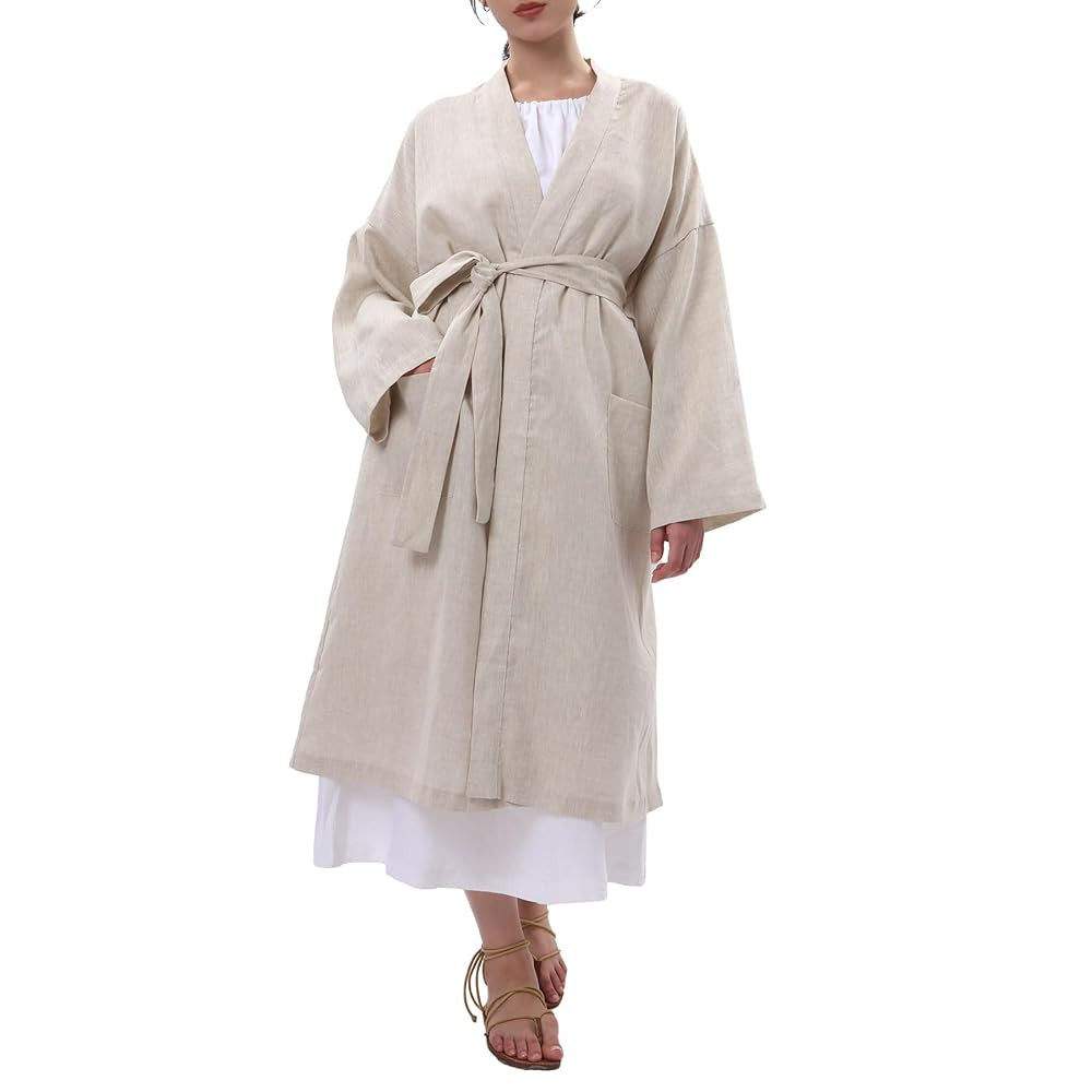 Amazhiyu Womens Pure Linen Mid Length Kimono Robes Lightweight Long Sleeve Bathrobe | Amazon (US)