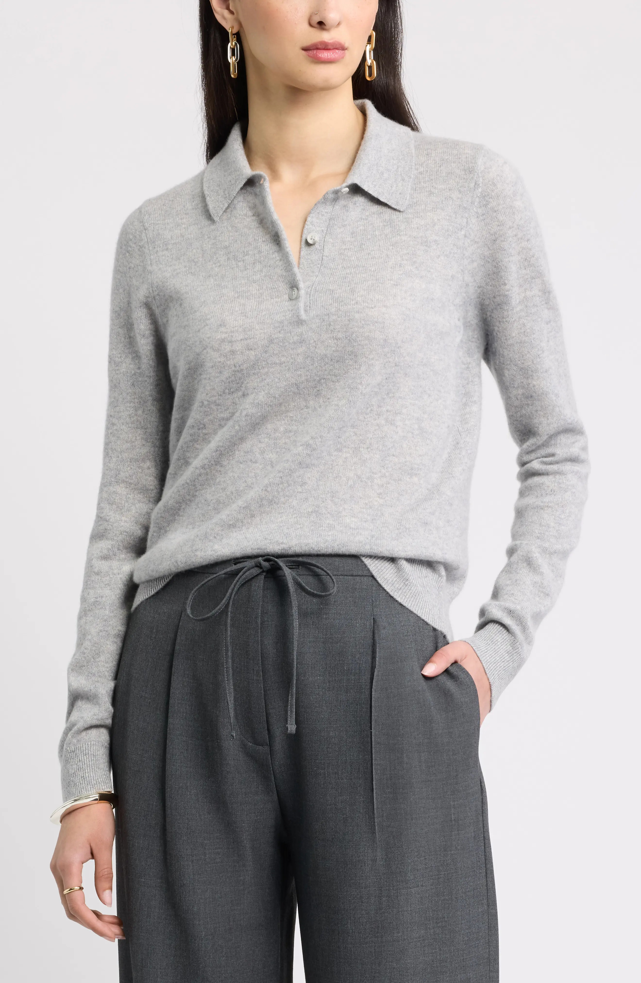 Nordstrom Cashmere Polo Sweater in Grey Silk Heather at Nordstrom, Size Medium | Nordstrom