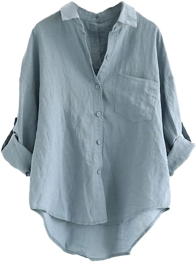 Minibee Women's Linen Blouse High Low Shirt Roll-Up Sleeve Tops | Amazon (US)