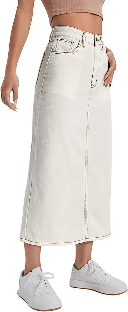 SweatyRocks Women's High Waist Split Hem Midi Denim Skirt Straight Hem Jean Skirts with Pockets | Amazon (US)