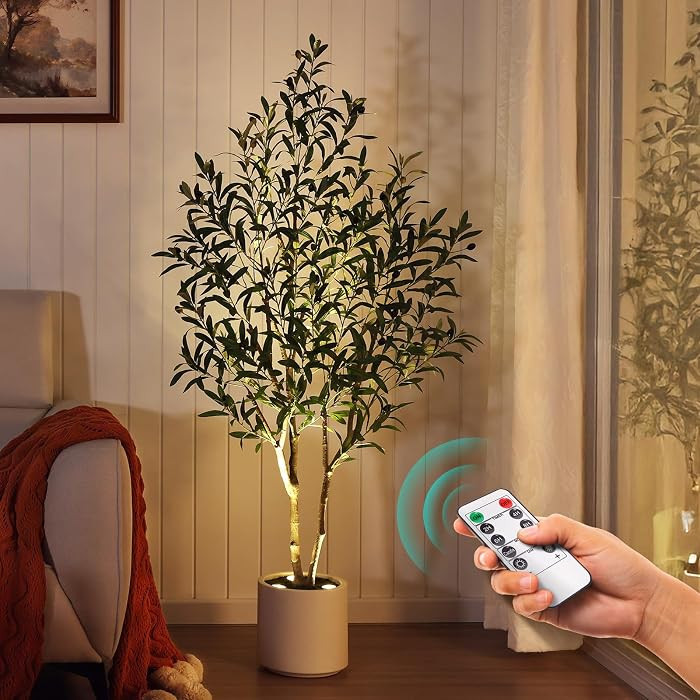 Artificial Olive Tree Faux Plants Indoor - 5FT Tall Fake Tree with Remote LED Spotlights, Cylinde... | Amazon (US)