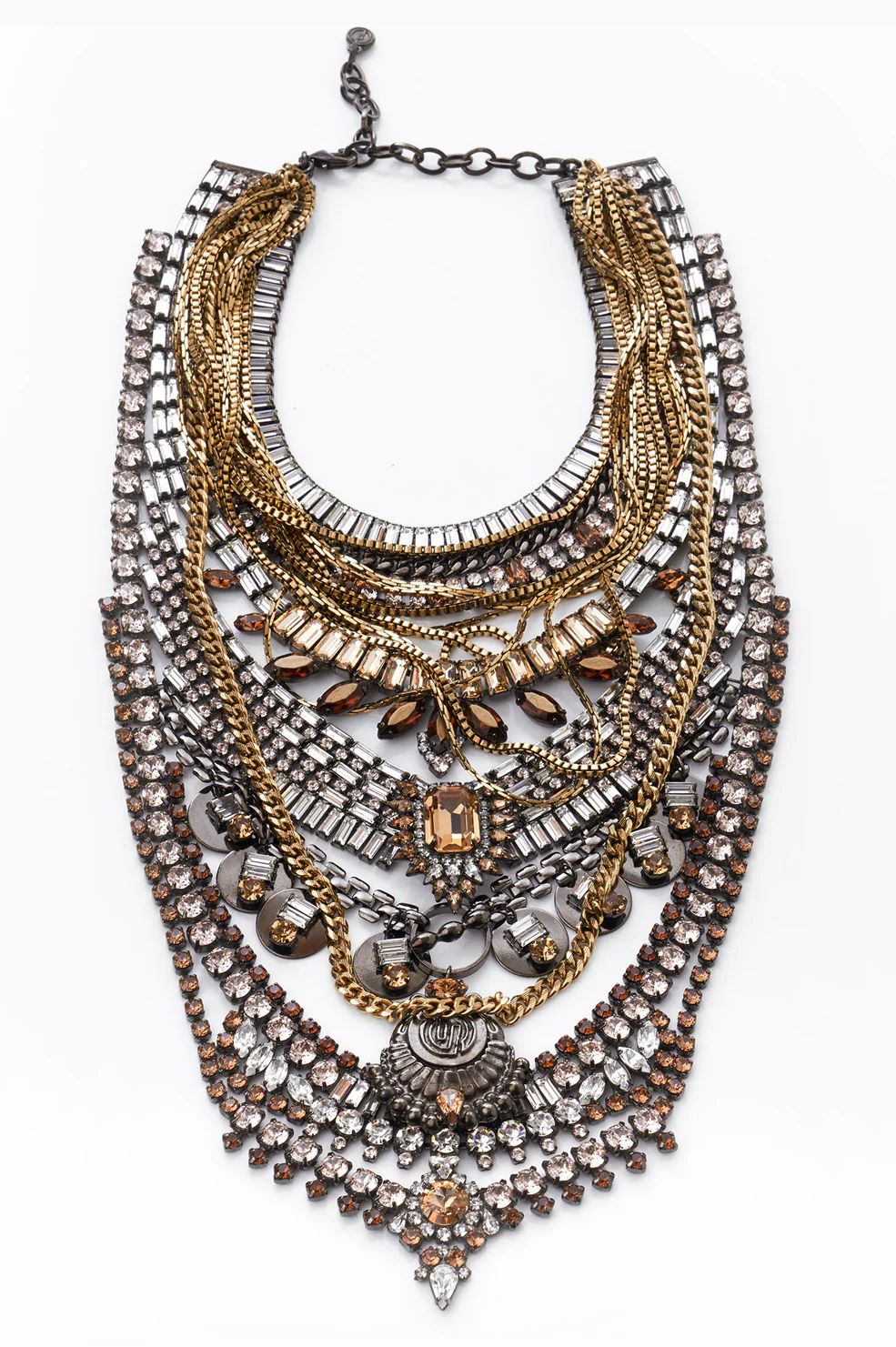 High End Statement Piece | Dense Layered Chain Necklace w/ Swarovski Crystals | Oxidized Brass | ... | DYLANLEX